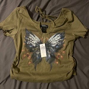Thorn and Fable: Olive Green Butterfly Graphic Women’s Top